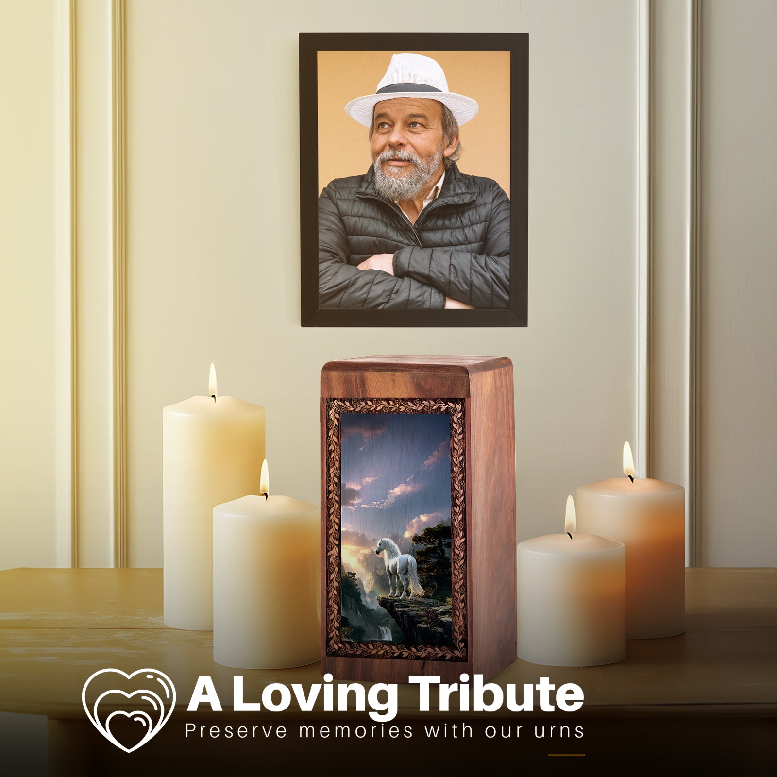 Horse Funeral Box For Ashes - White Horse Mountain Theme Handmade Wood Urn