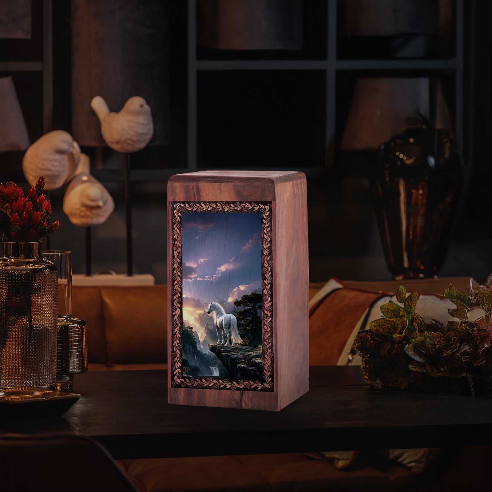 Horse Funeral Box For Ashes - White Horse Mountain Theme Handmade Wood Urn