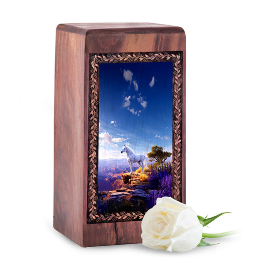 Decorative Horse Memorial Wood Funeral Urn - Cloudy Sky Theme Wooden Urn