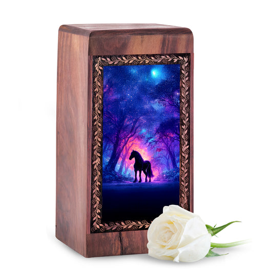 Horse Urn For Human Ashes Wood - Magical Night Forest Handmade Wood Urn Box