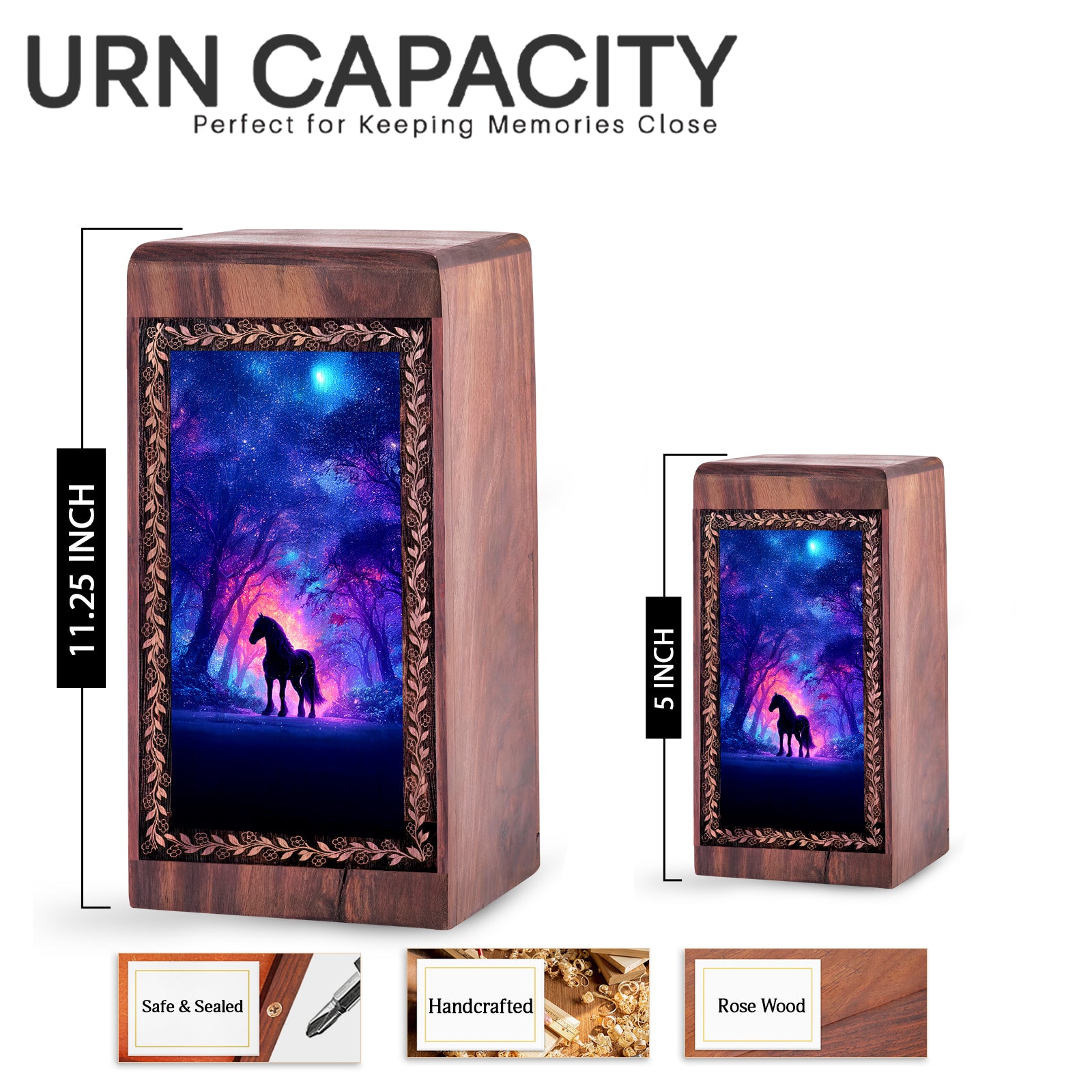 Horse Urn For Human Ashes Wood - Magical Night Forest Handmade Wood Urn Box