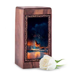 Handmade Wood Burial Box - Golden Night Theme Memorial Wooden Urn