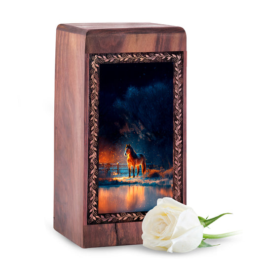 Handmade Wood Burial Box - Golden Night Theme Memorial Wooden Urn