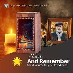 Handmade Wood Burial Box - Golden Night Theme Memorial Wooden Urn