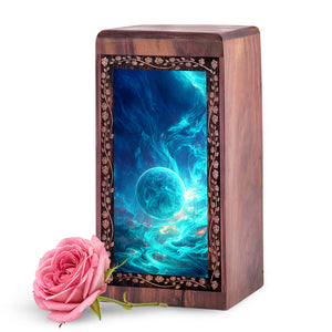 Blue Cosmic Themed Wooden Urn For Adults - Handcrafted Galaxy Memorial Urn Box