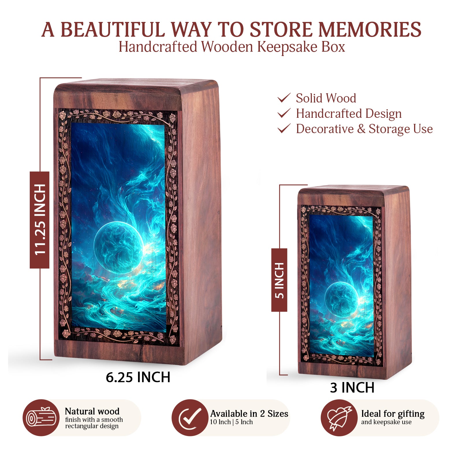 Blue Cosmic Themed Wooden Urn For Adults - Handcrafted Galaxy Memorial Urn Box