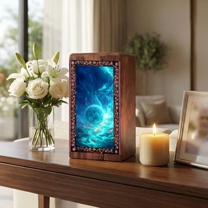 Blue Cosmic Themed Wooden Urn For Adults - Handcrafted Galaxy Memorial Urn Box