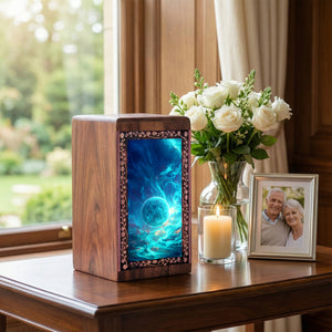 Blue Cosmic Themed Wooden Urn For Adults - Handcrafted Galaxy Memorial Urn Box