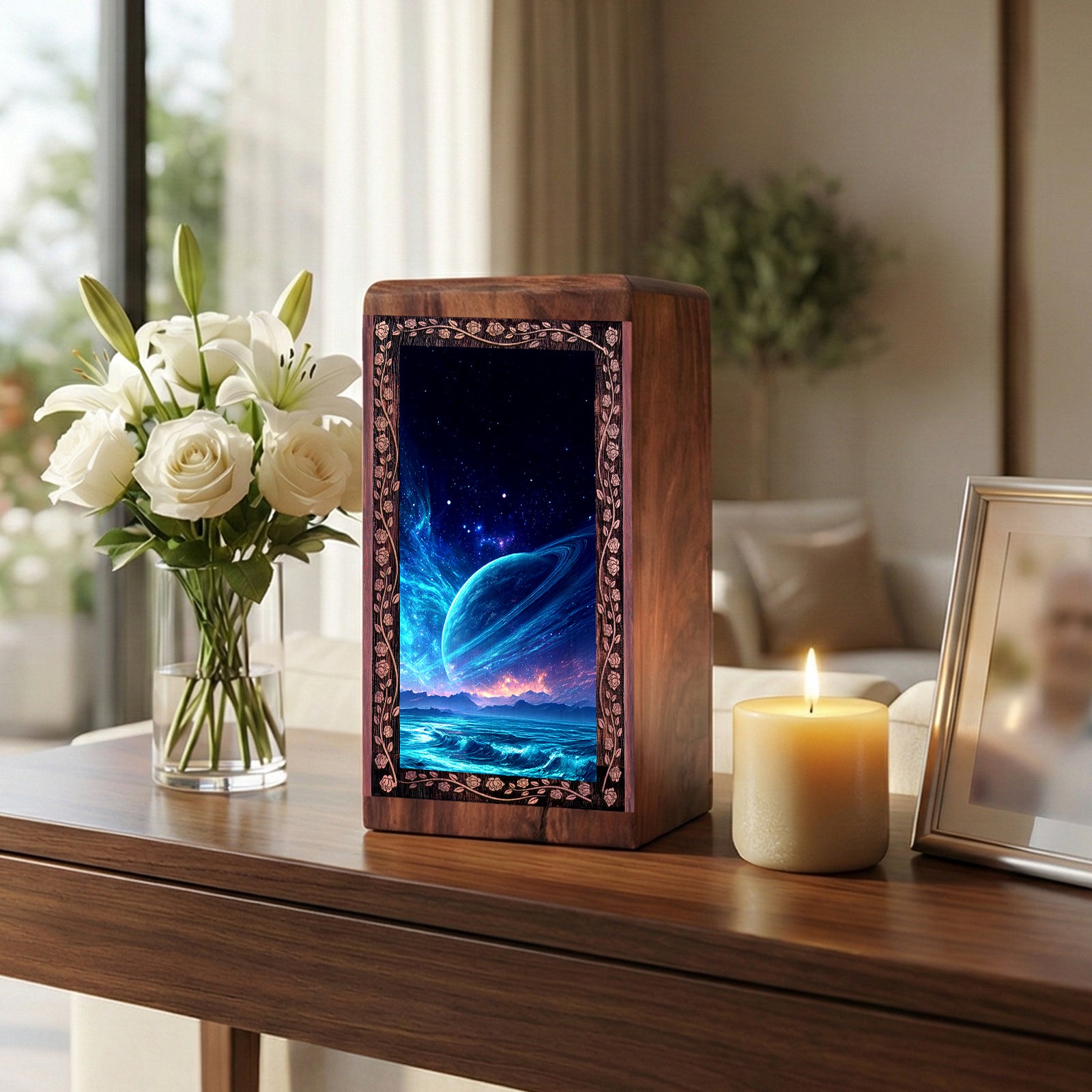 Comic Galaxy Themed Burial Urn For Ashes - Rosewood Memorial Box For Ashes
