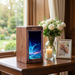 Comic Galaxy Themed Burial Urn For Ashes - Rosewood Memorial Box For Ashes