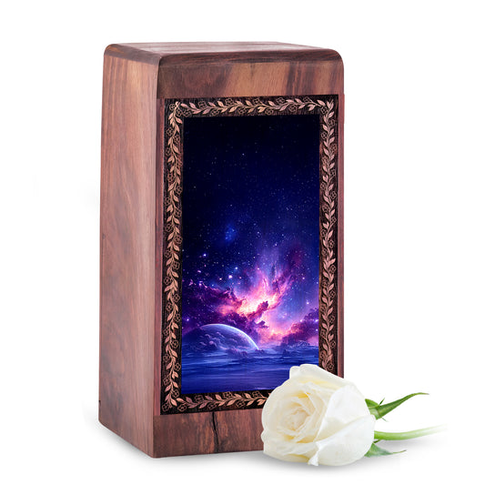 Space Motif Wooden Box For Adults - Funeral Urn Boxes For Men And Women