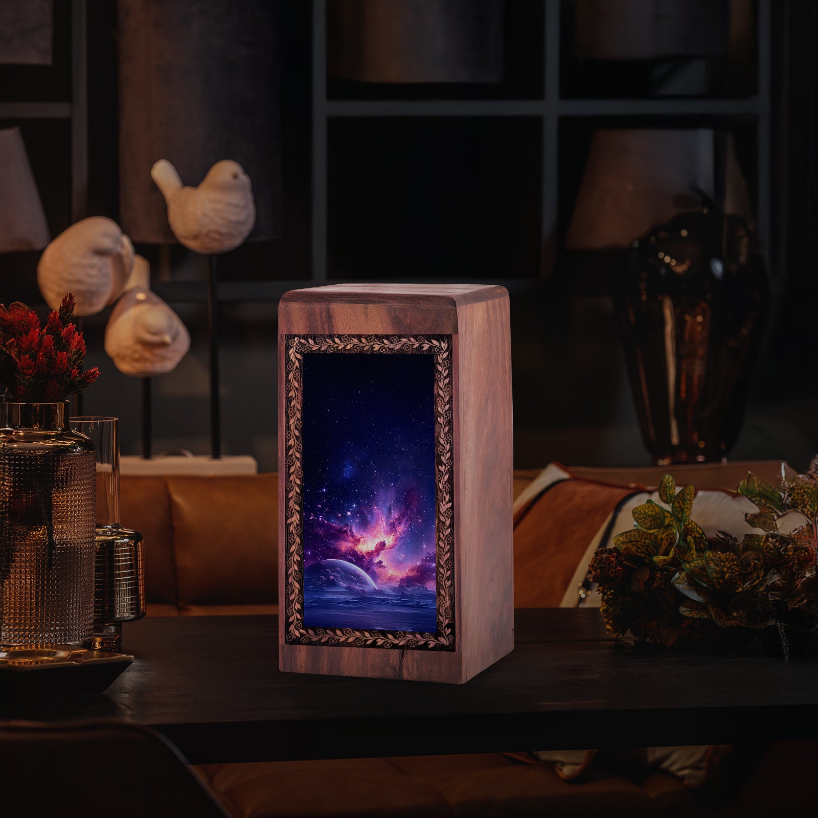 Space Motif Wooden Box For Adults - Funeral Urn Boxes For Men And Women