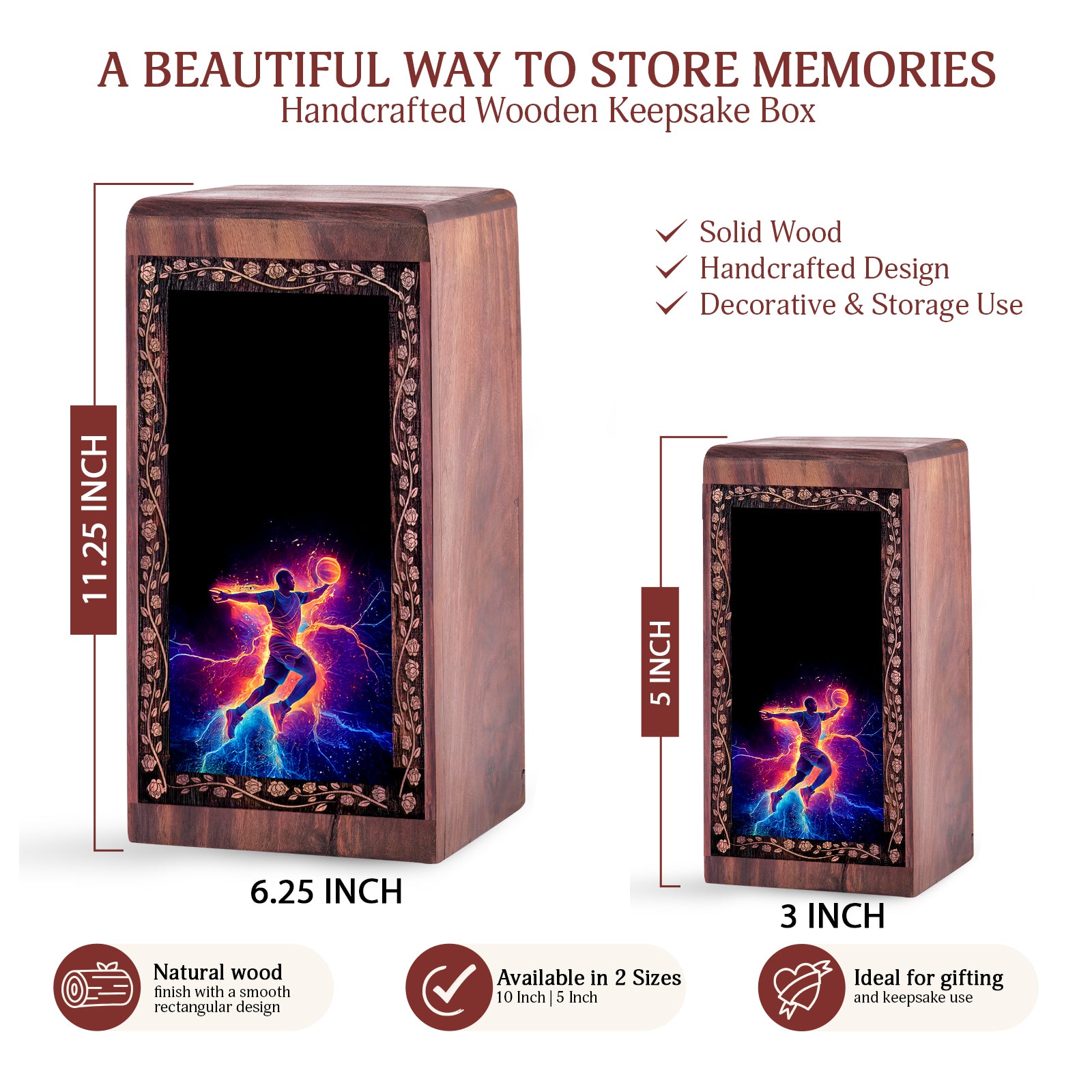 Handmade Wooden Cremation Urns - Basketball Theme Decorative Wood Box For Ashes