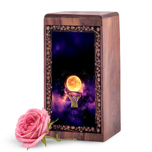 Moon Basketball Wooden Cremation Urns - Decorative Wood Box For Funeral Ashes