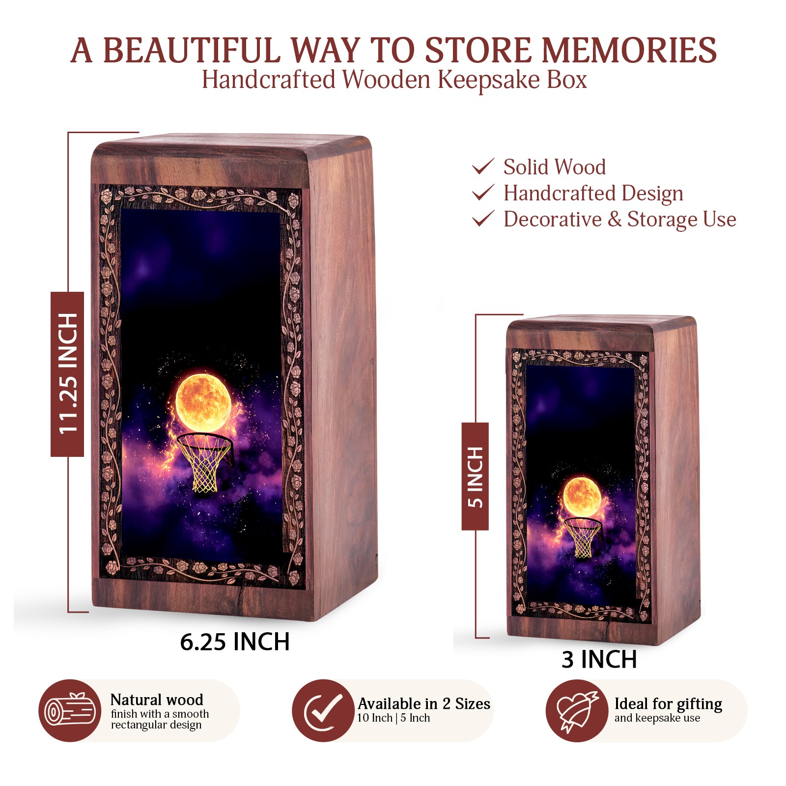 Moon Basketball Wooden Cremation Urns - Decorative Wood Box For Funeral Ashes