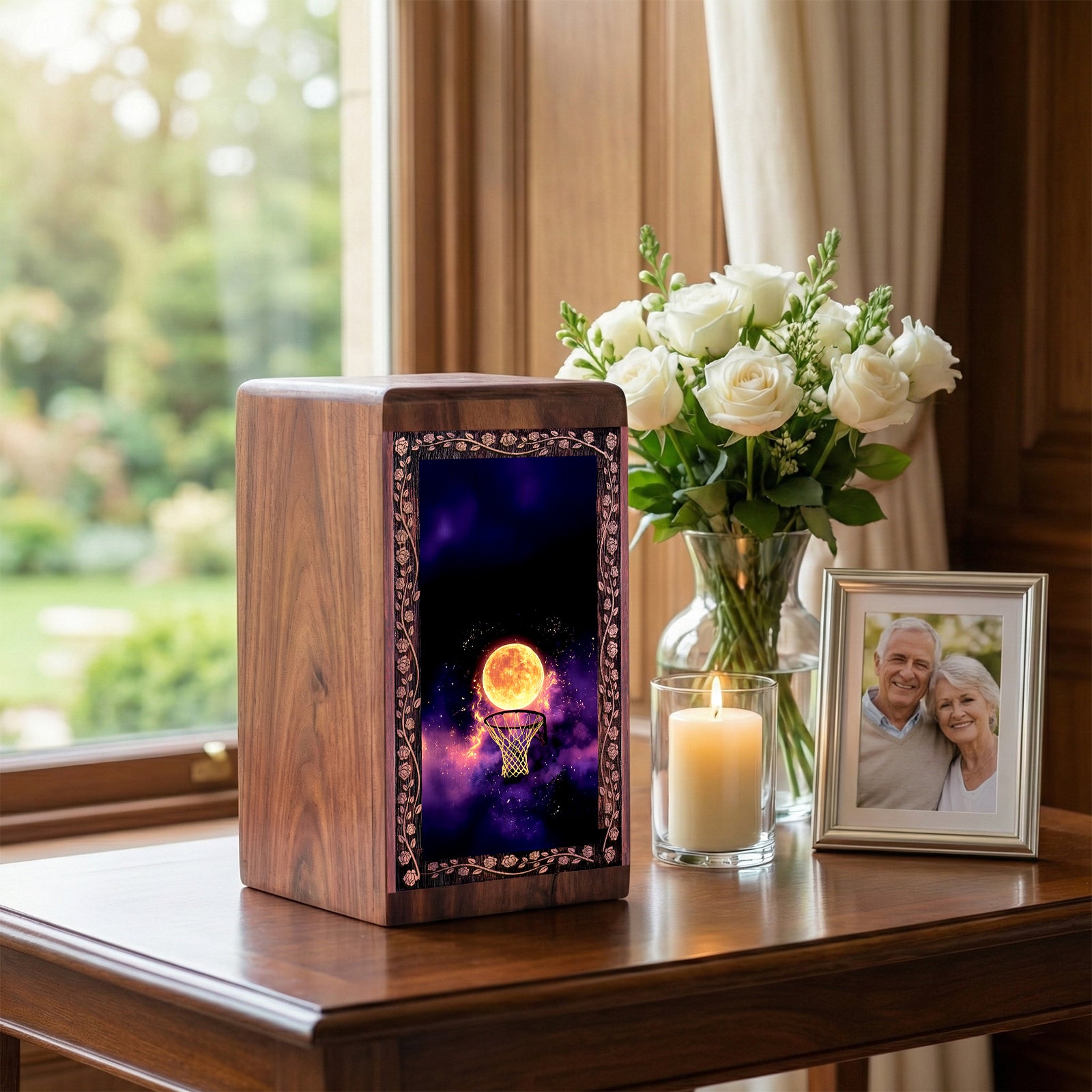 Moon Basketball Wooden Cremation Urns - Decorative Wood Box For Funeral Ashes