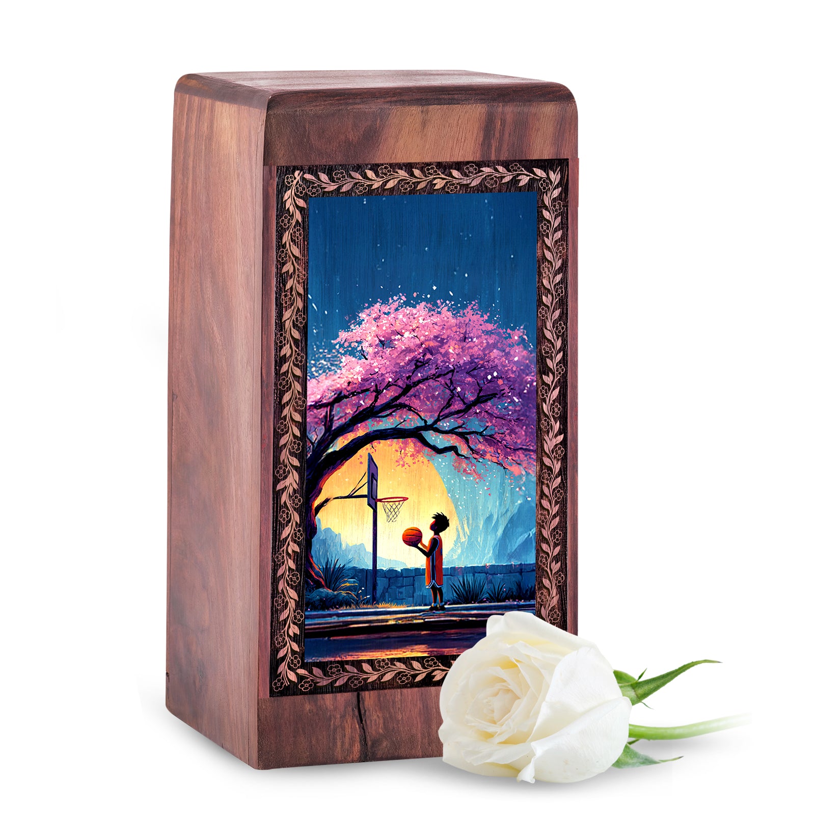 Sunset Basketball Theme Wooden Box - Decorative Funeral Urns For Memorial Ashes