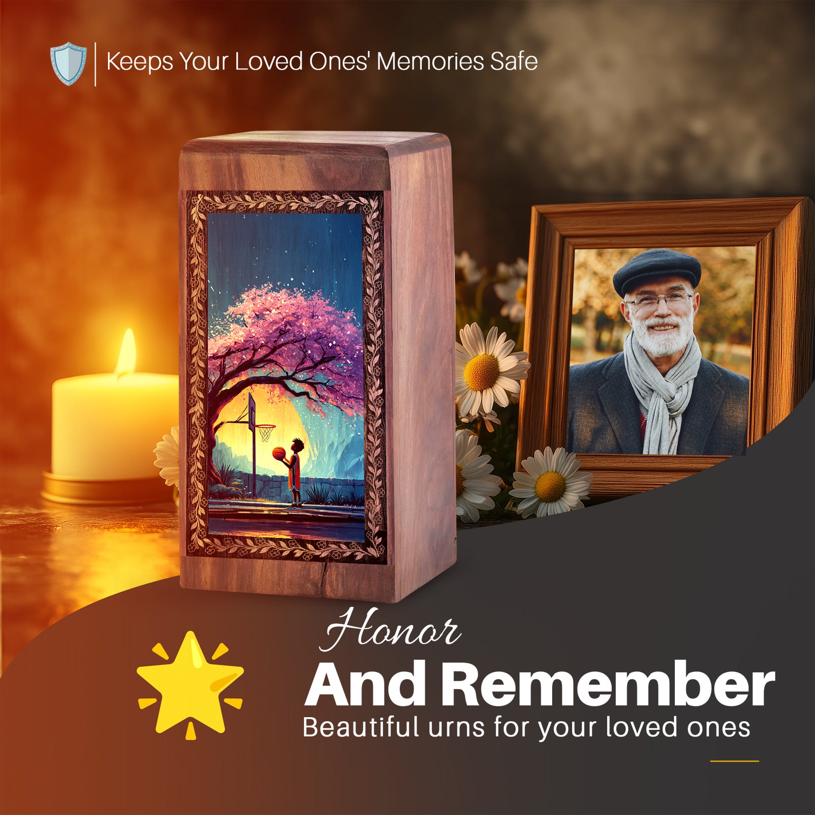 Sunset Basketball Theme Wooden Box - Decorative Funeral Urns For Memorial Ashes