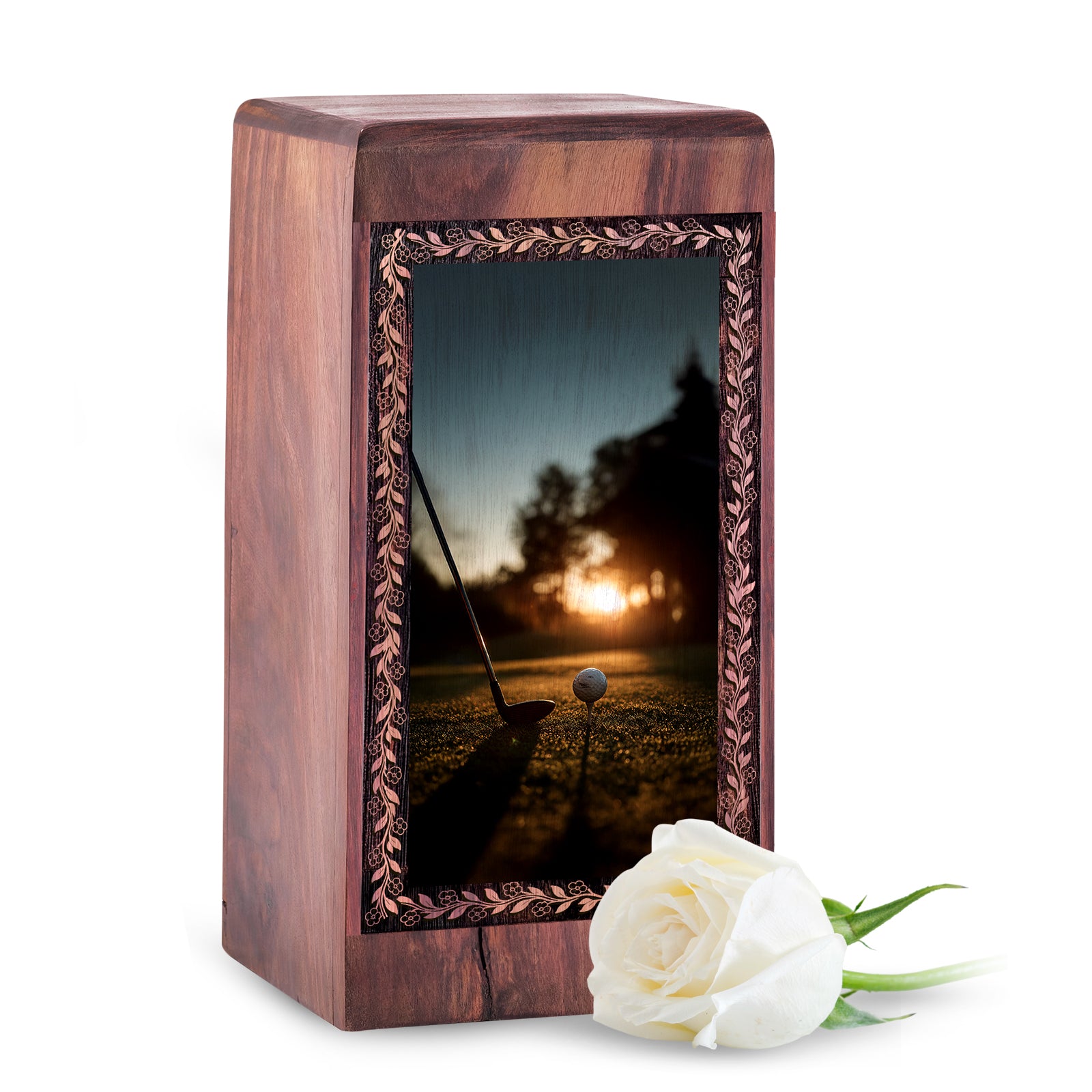 Golf Memorial Urn For Burial – Sunset Theme Wood Cremation Urn For Man