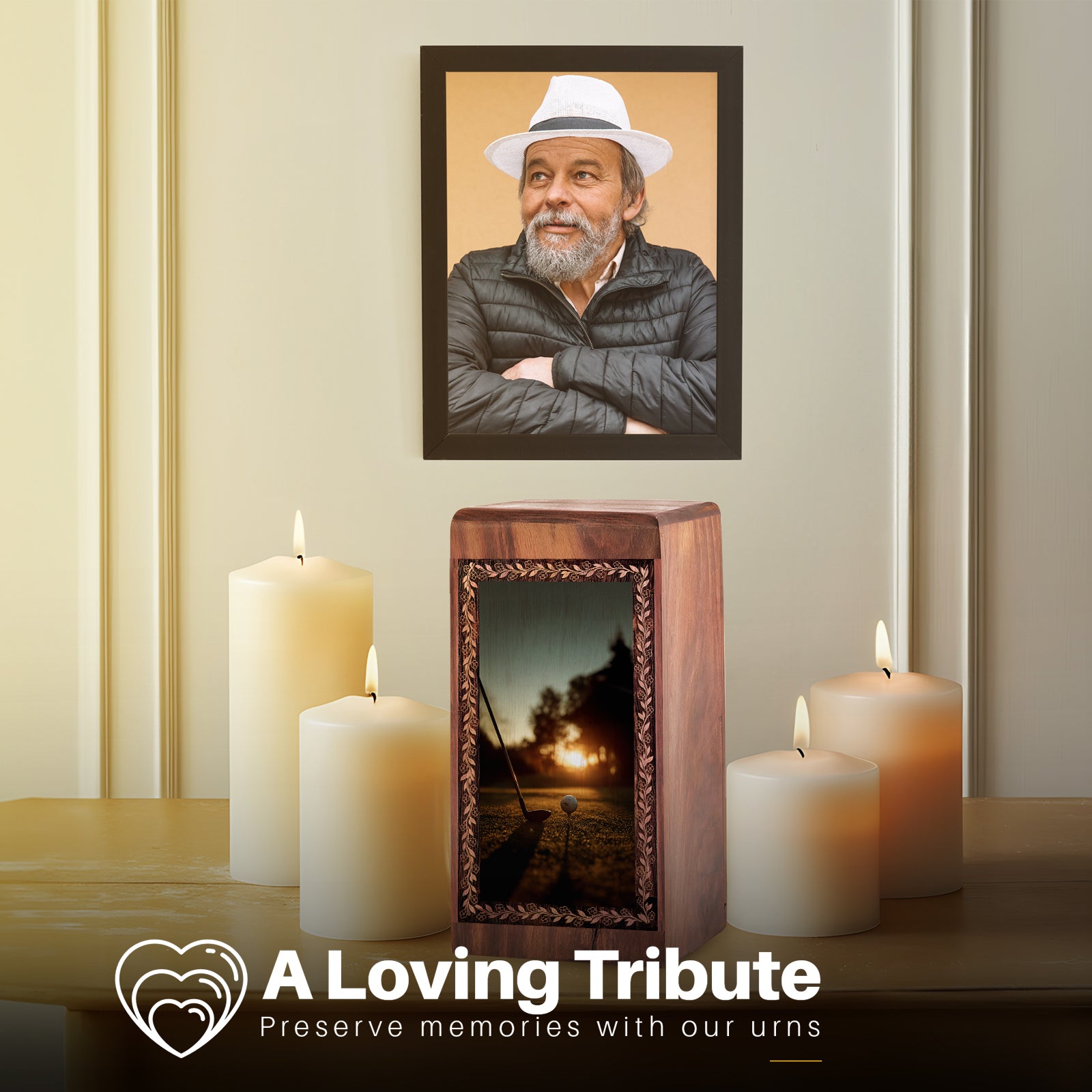 Golf Memorial Urn For Burial – Sunset Theme Wood Cremation Urn For Man