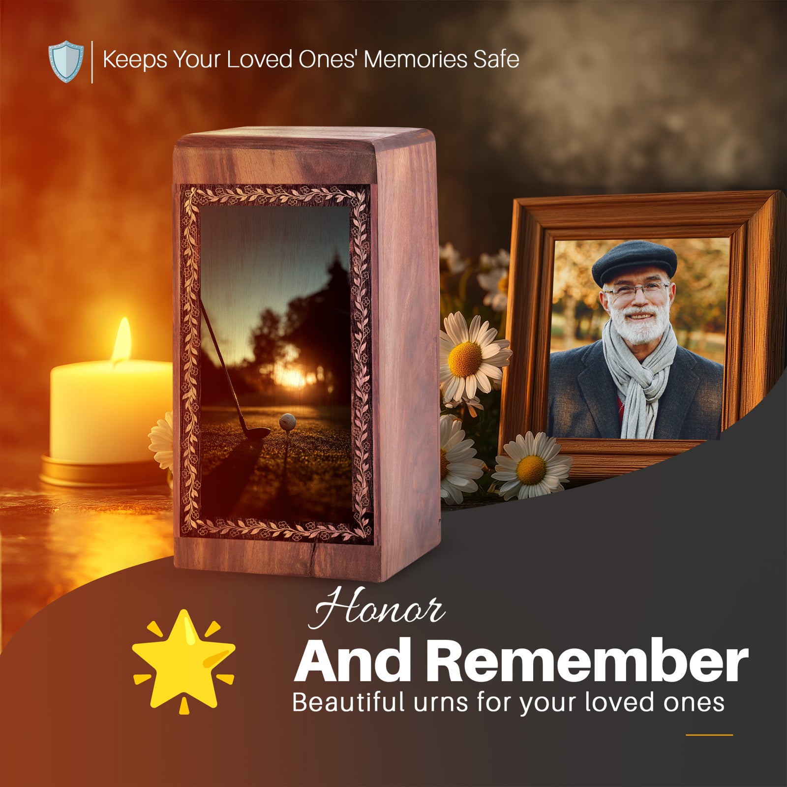 Golf Memorial Urn For Burial – Sunset Theme Wood Cremation Urn For Man