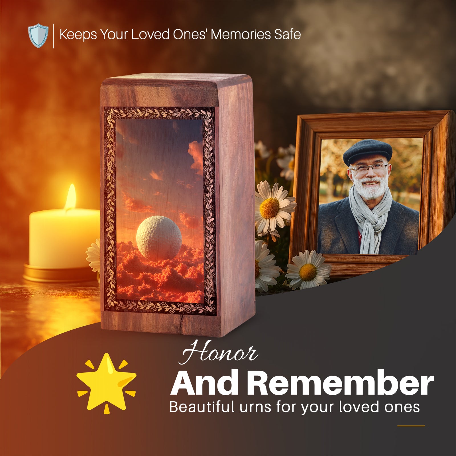 Celestial Golf Tribute Urn For Ashes – Premium Wooden Keepshake Box