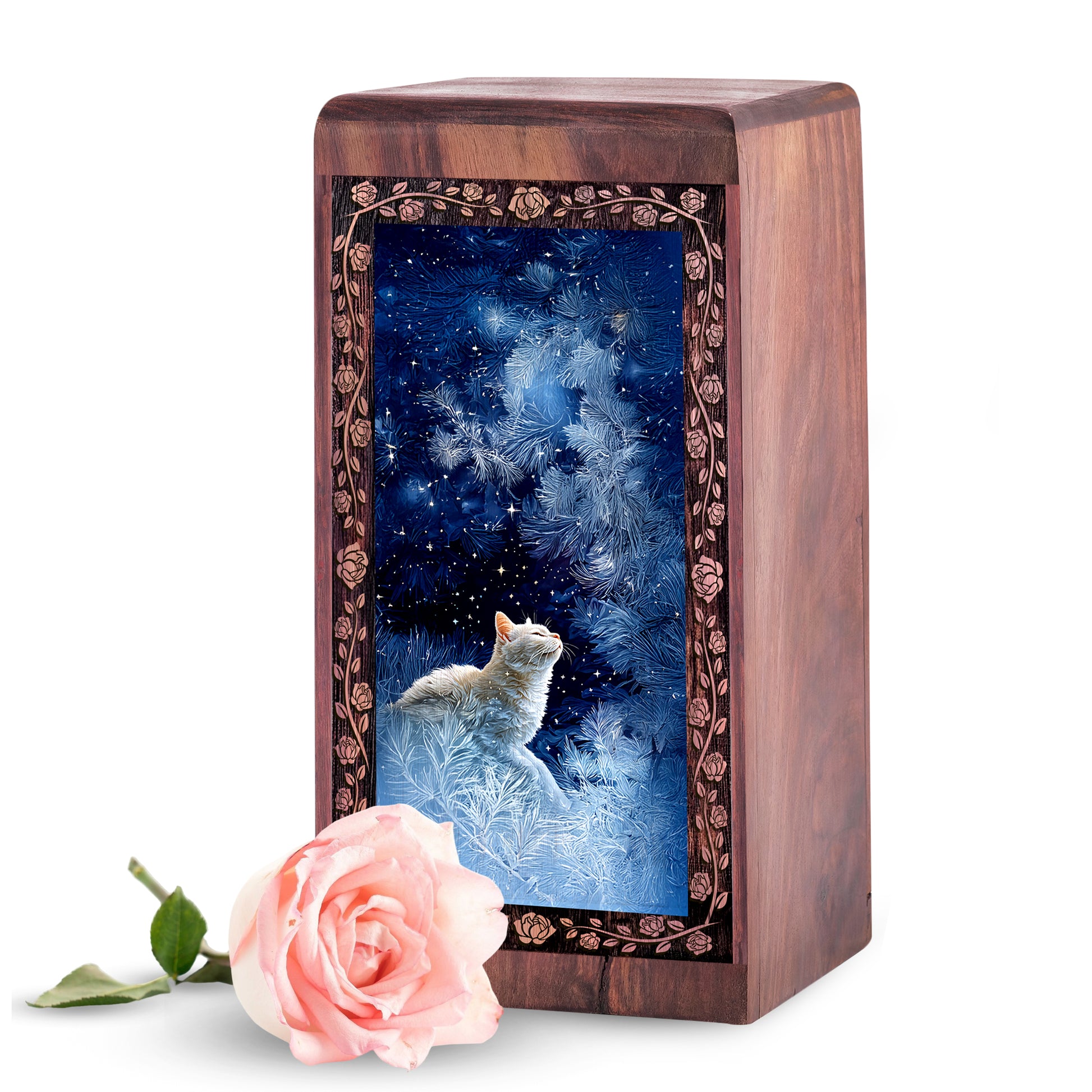 Cat Memorial Wooden Urn For Ashes – Whimsical Winter Starlight Themed Urn