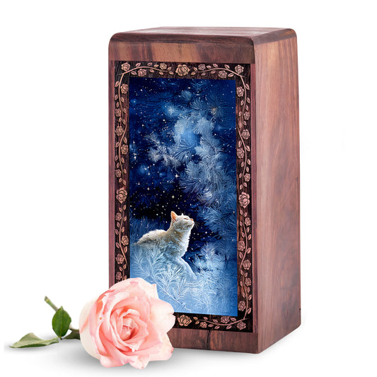 Cat Memorial Wooden Urn For Ashes – Whimsical Winter Starlight Themed Urn