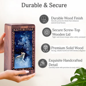 Cat Memorial Wooden Urn For Ashes – Whimsical Winter Starlight Themed Urn