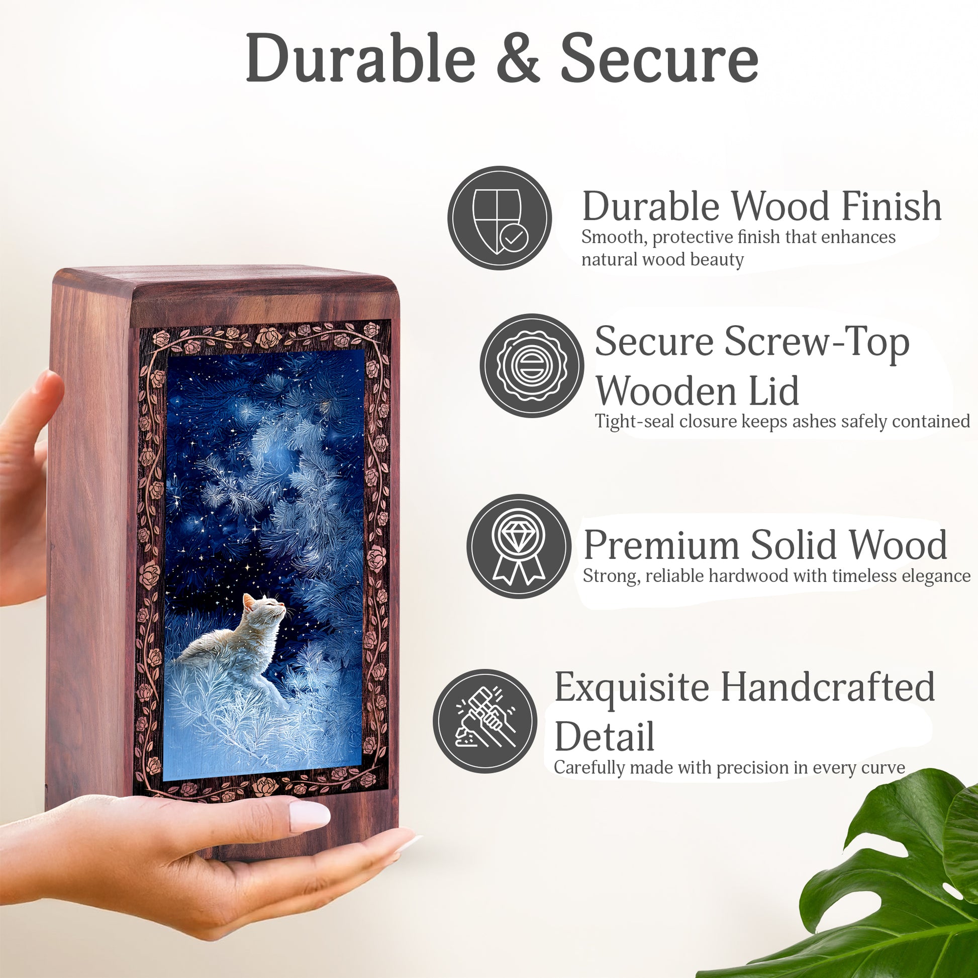 Cat Memorial Wooden Urn For Ashes – Whimsical Winter Starlight Themed Urn