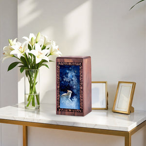 Cat Memorial Wooden Urn For Ashes – Whimsical Winter Starlight Themed Urn
