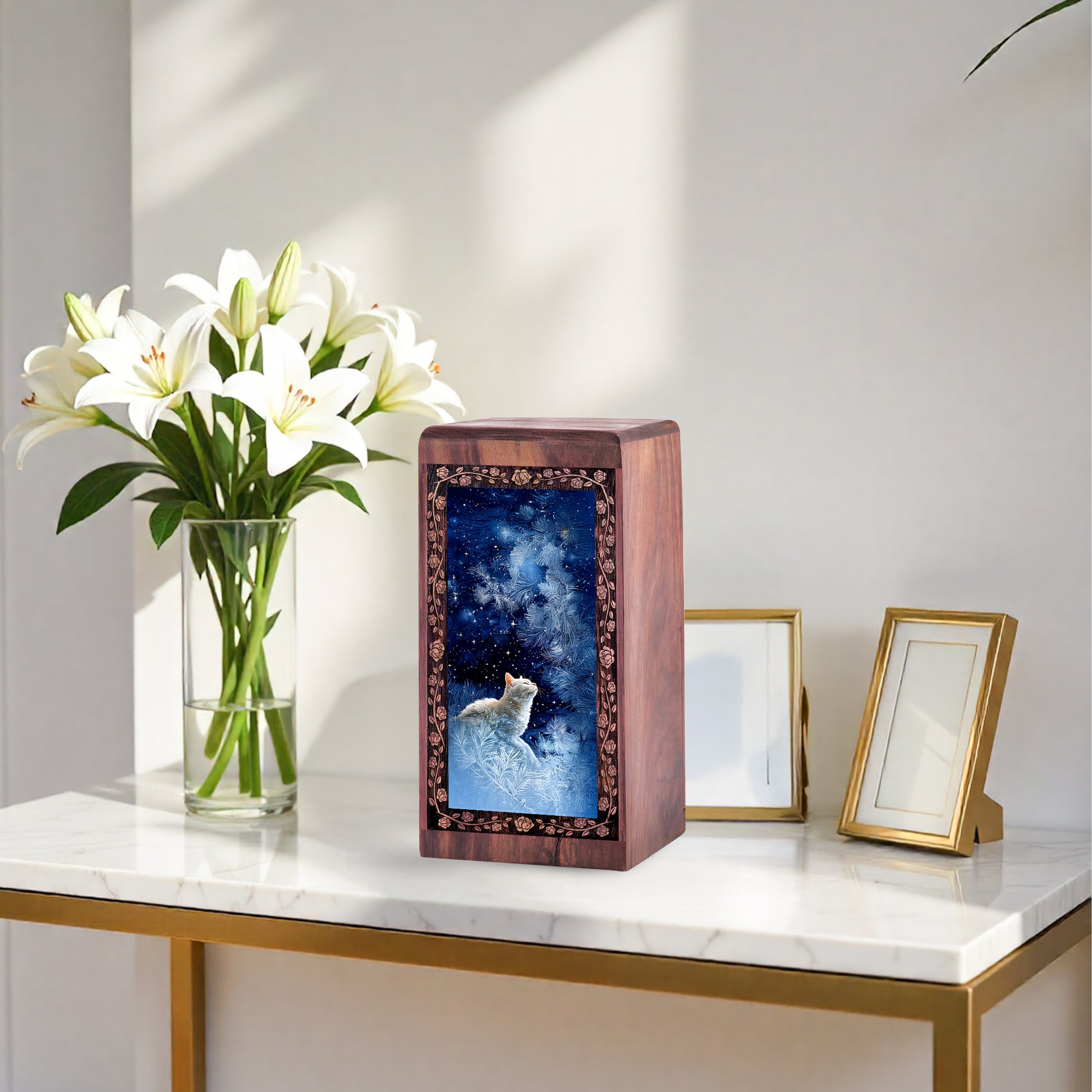 Cat Memorial Wooden Urn For Ashes – Whimsical Winter Starlight Themed Urn