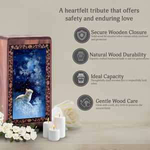 Cat Memorial Wooden Urn For Ashes – Whimsical Winter Starlight Themed Urn