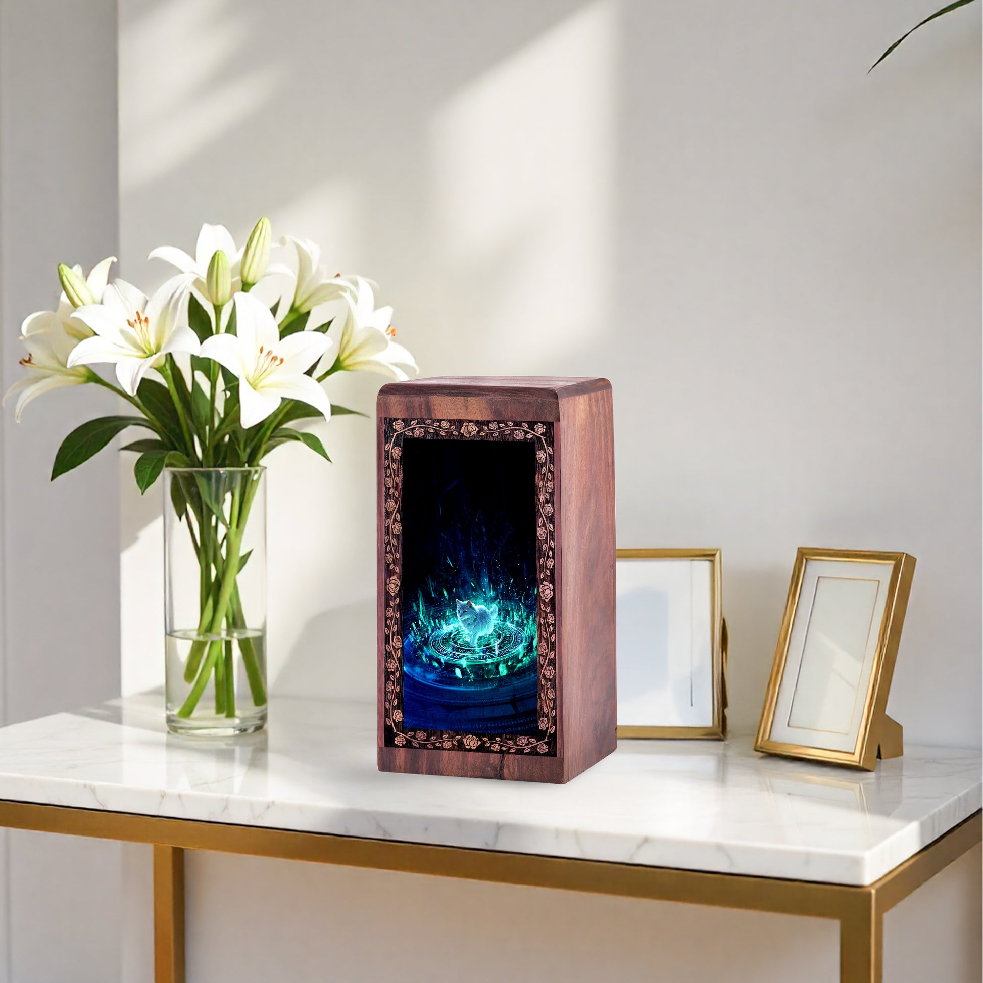 Flame Cat Theme Wooden Urn For Ashes With Magic Circle Theme