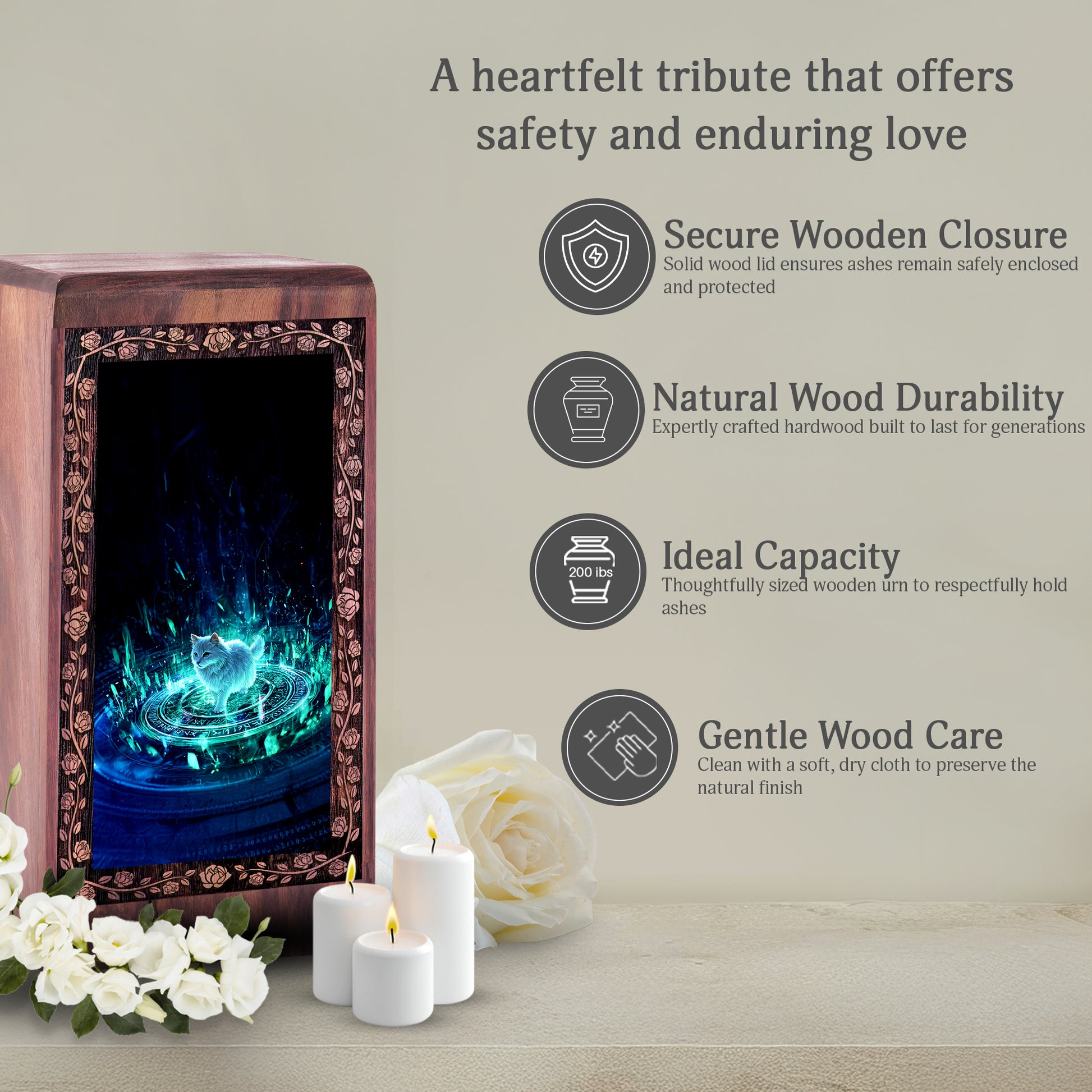 Flame Cat Theme Wooden Urn For Ashes With Magic Circle Theme