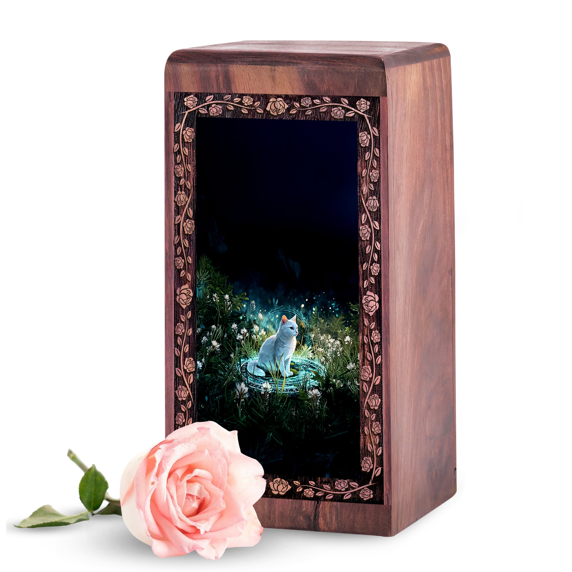 Etheral Cat Theme Wooden Urn For Ashes - Rosewood Pet Cremation Urn Box
