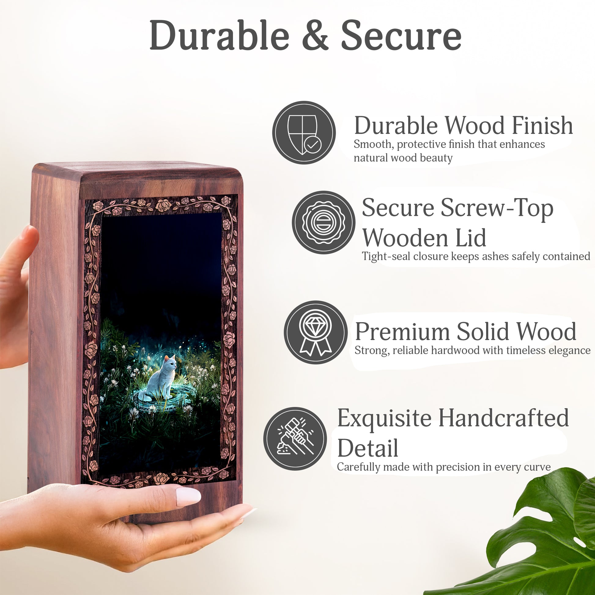 Etheral Cat Theme Wooden Urn For Ashes - Rosewood Pet Cremation Urn Box