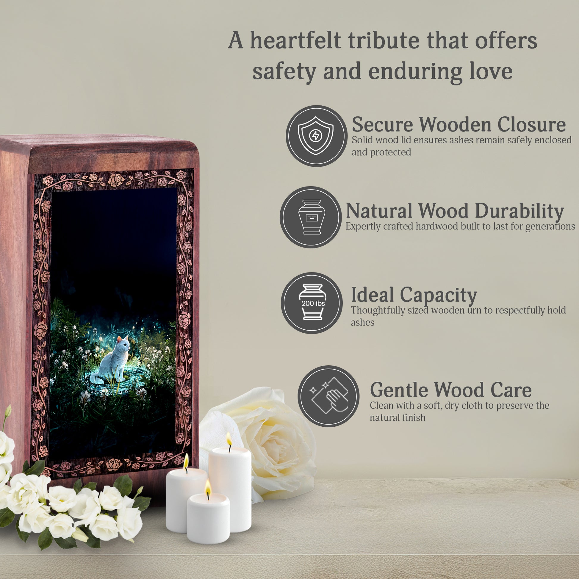 Etheral Cat Theme Wooden Urn For Ashes - Rosewood Pet Cremation Urn Box