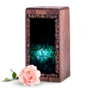 Wooden Cat Urn For Cremation-Enchanted Meadow Theme Urn