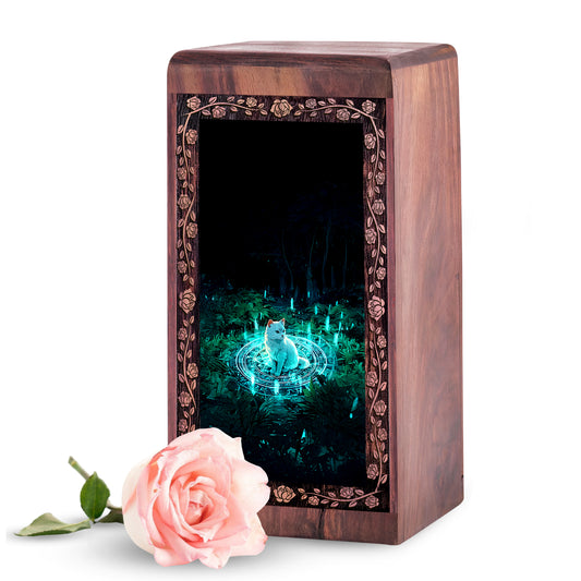 Wooden Cat Urn For Cremation-Enchanted Meadow Theme Urn