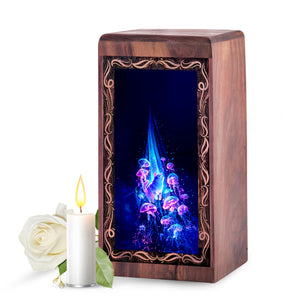 White Persian Cat Theme wooden Urn - Jellyfish Memorial For Ashes
