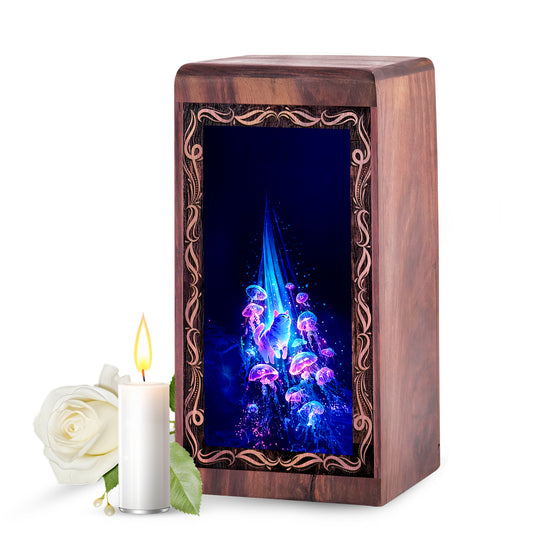 White Persian Cat Theme wooden Urn - Jellyfish Memorial For Ashes