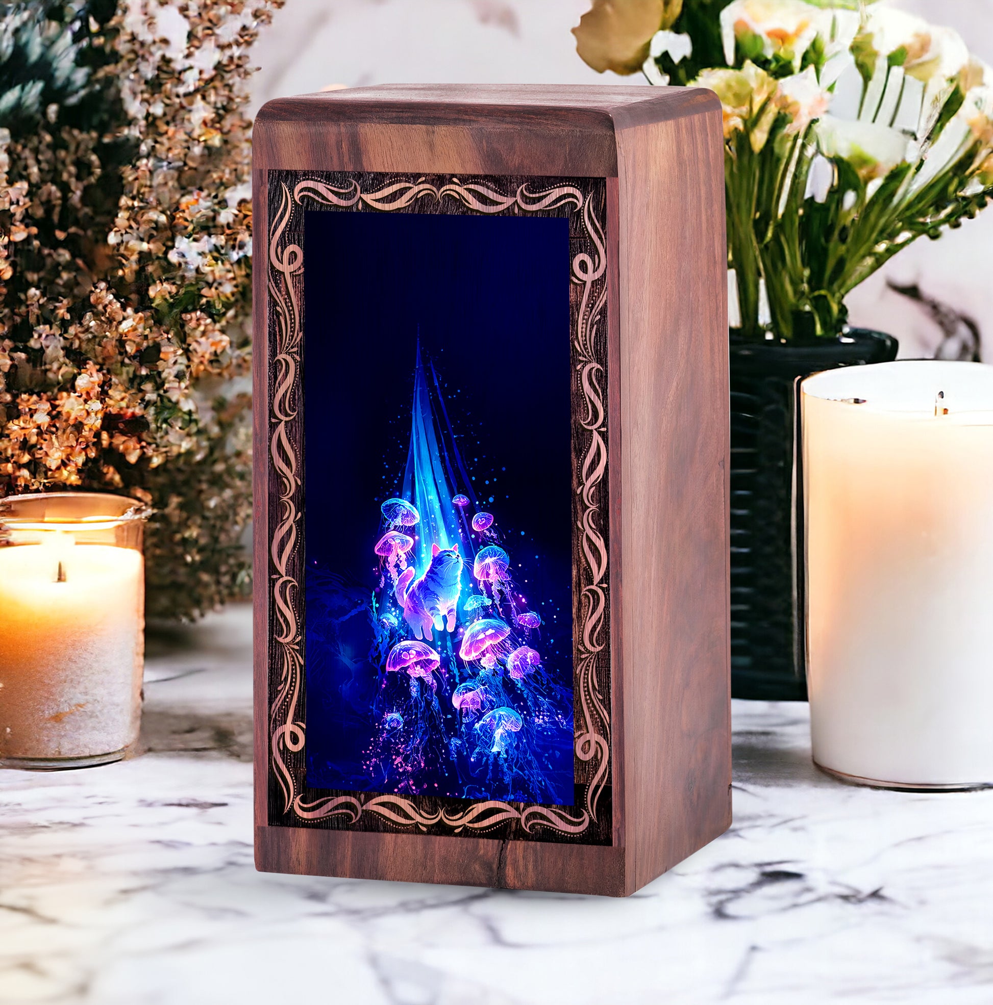 White Persian Cat Theme wooden Urn - Jellyfish Memorial For Ashes