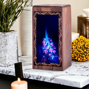 White Persian Cat Theme wooden Urn - Jellyfish Memorial For Ashes