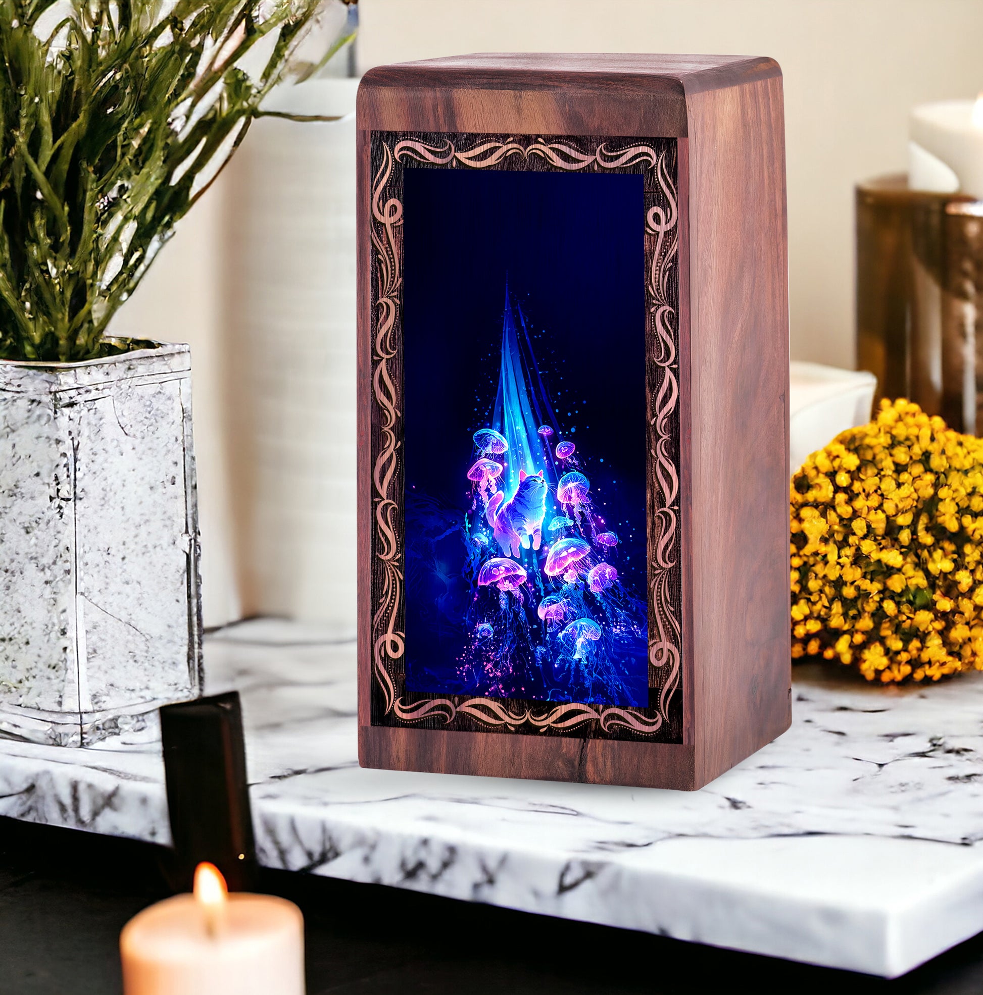 White Persian Cat Theme wooden Urn - Jellyfish Memorial For Ashes