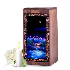 Winter Star Cat Theme Wooden Urn For Ashes - Moonlit Meorial Urn Box