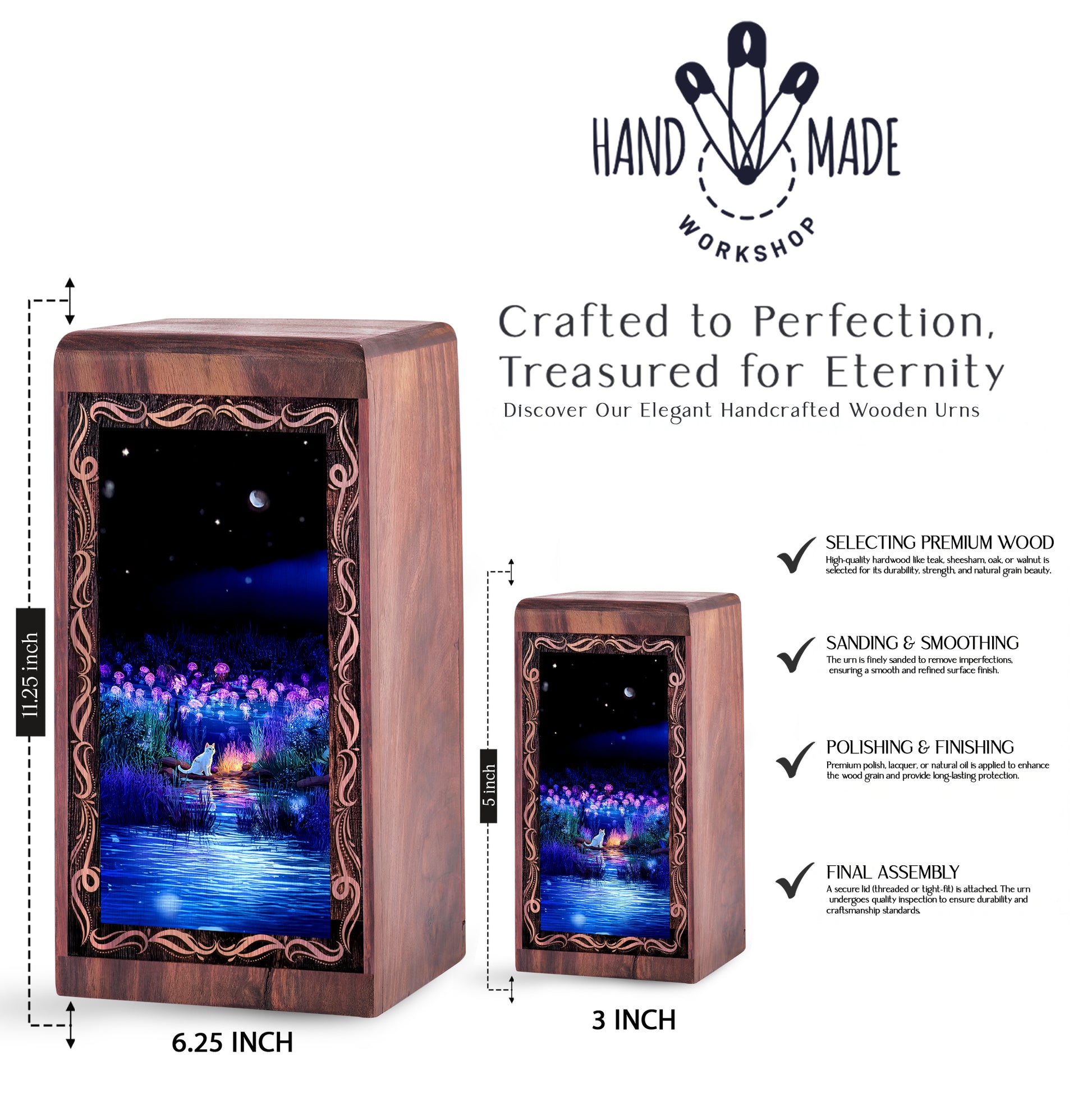 Winter Star Cat Theme Wooden Urn For Ashes - Moonlit Meorial Urn Box