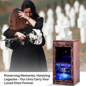 Winter Star Cat Theme Wooden Urn For Ashes - Moonlit Meorial Urn Box