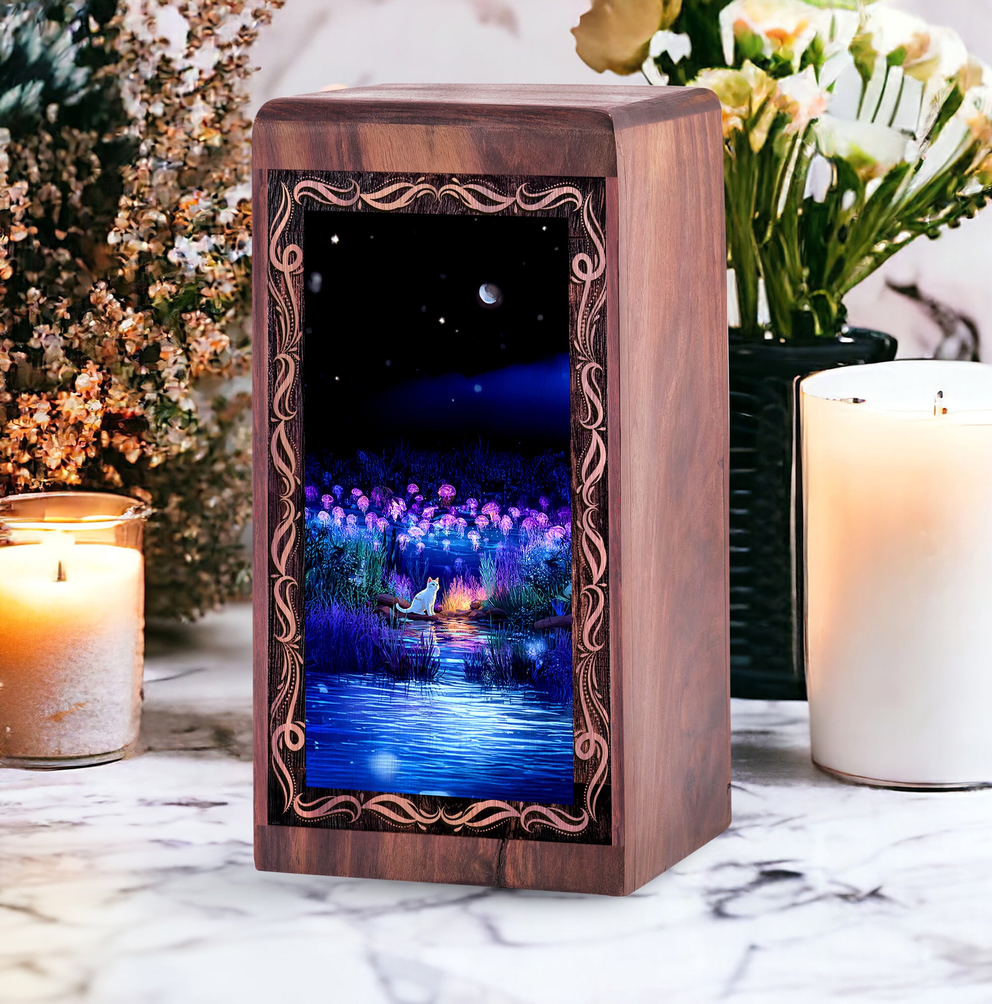Winter Star Cat Theme Wooden Urn For Ashes - Moonlit Meorial Urn Box