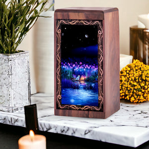 Winter Star Cat Theme Wooden Urn For Ashes - Moonlit Meorial Urn Box